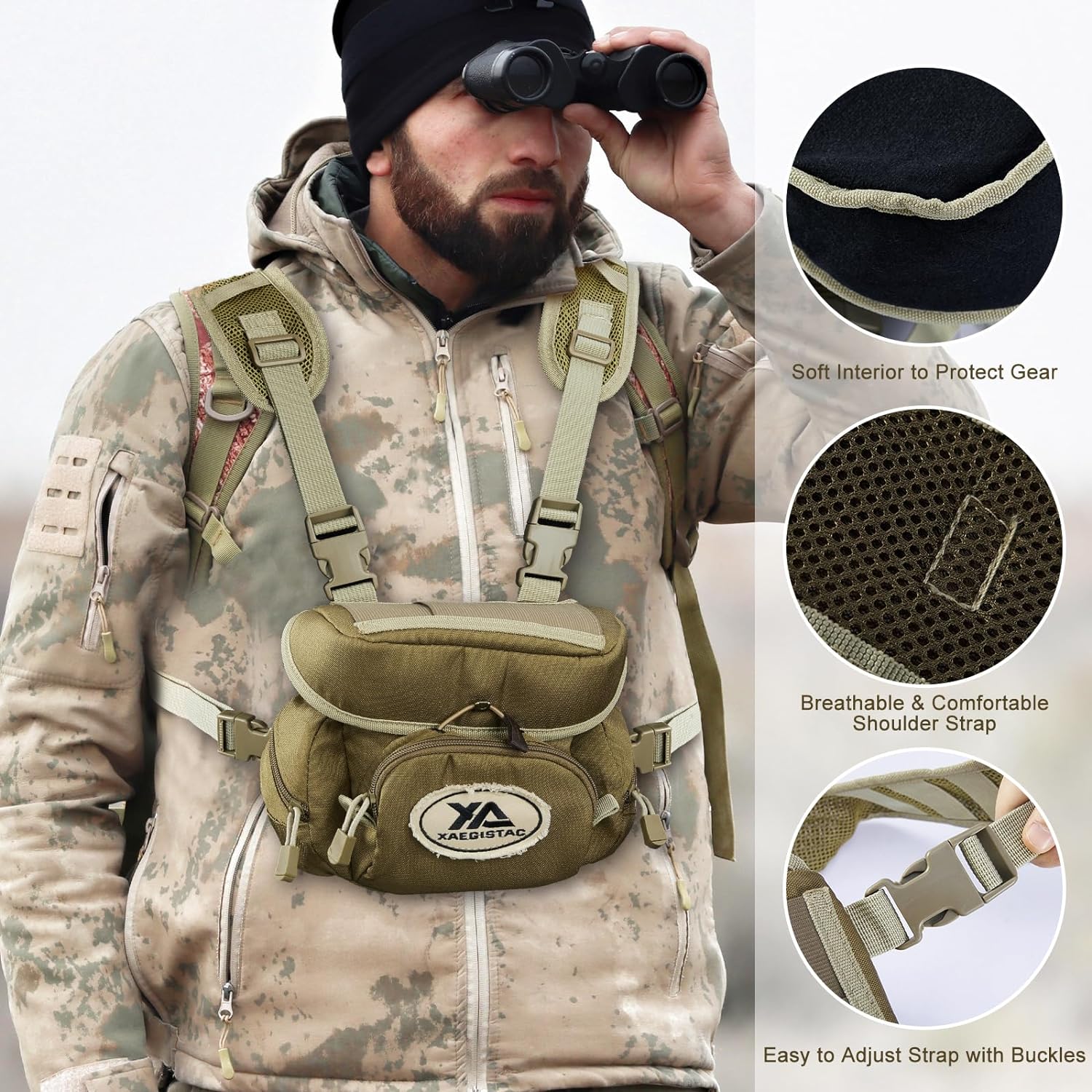 xaegistac Binocular Harness,Comfortable Bino Harness Chest Pack with Adjustable Strap,Lightweight Binocular Case Great for Hunting and Shooting