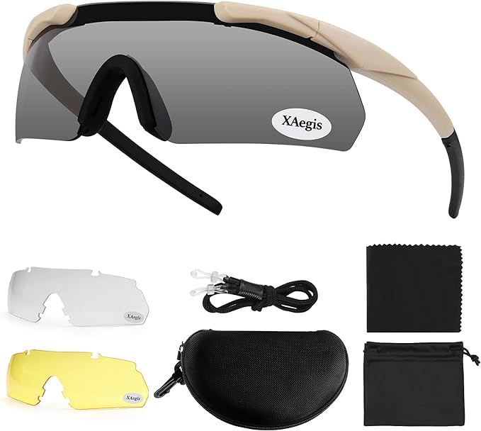 xaegistac Tactical Shooting Glasses with 3 Interchangeable Lens High Impact Eye Protection Khaki