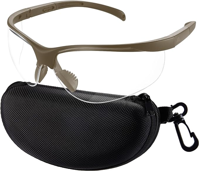 xaegistac Shooting Glasses Anti-fog Shooting Range Eye Protection,Comfortable Hunting Shooting Safety Glasses with Hard Case  Khaki Frame & Clear Lens