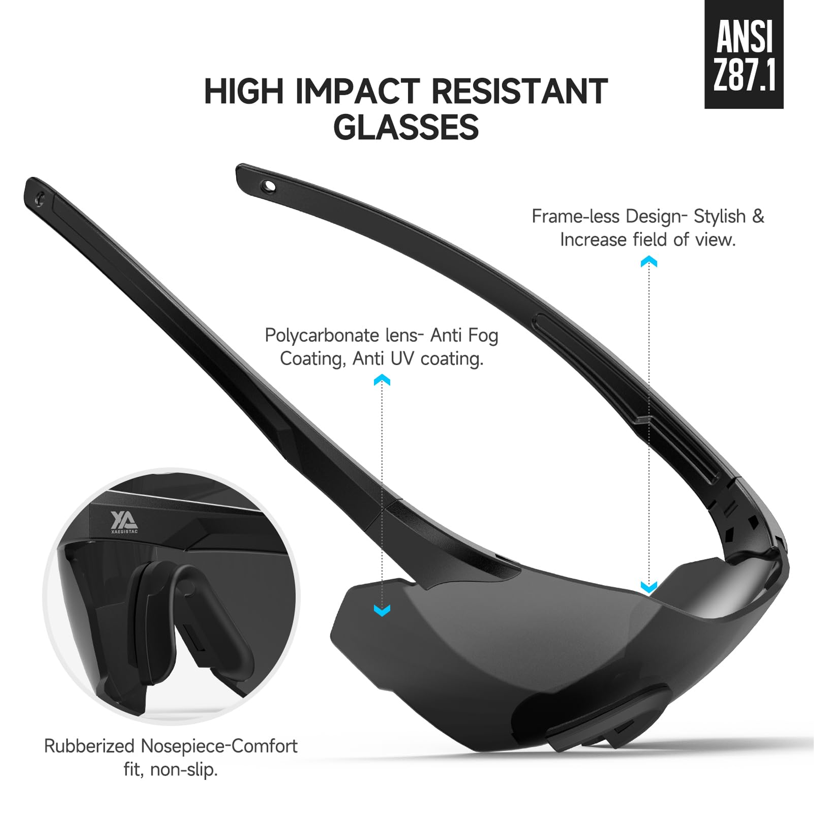 xaegistac Safety Glasses-Anti Fog Shooting Glasses, Wide field of View, Soft Nose Pad for Shooting, Hunting, Airsoft Outdoors