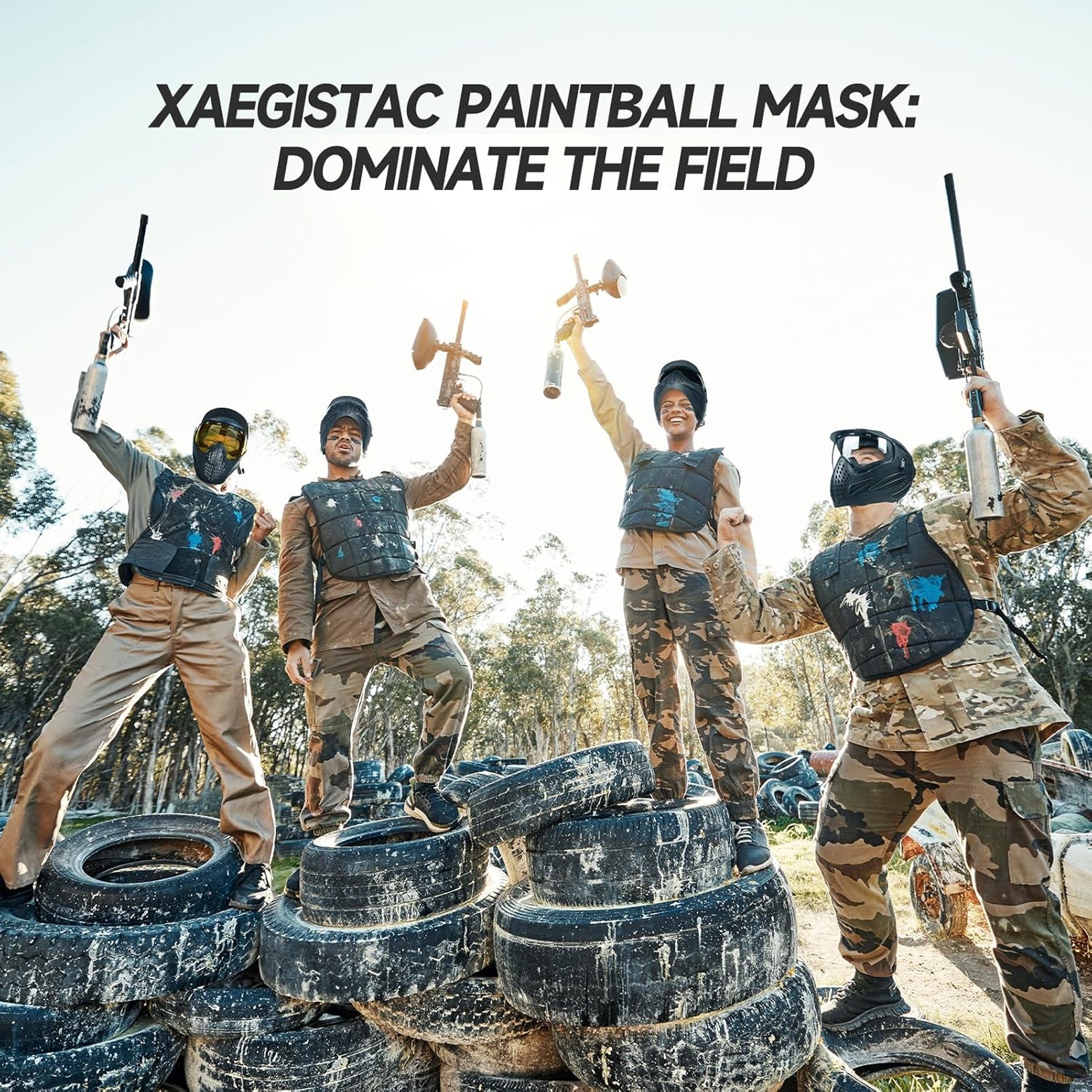 Xaegistac Paintball Mask-Intergrated Sun Visor Airsoft Mask, Wide Field of View, Anti Fog, Adjustable Headband for Paintball, Airsoft